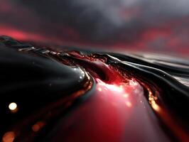 Abstract flowing liquid texture with glossy, reflective surface in dark and red tones, creating a sense of movement and depth with high contrast and dramatic lighting photo