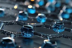 Hexagonal blue molecular structure with shiny surface, featuring interconnected nodes and glowing highlights, showcasing advanced technology and innovation. Concept of future science photo