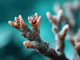 Close-up of budding twigs with tiny pink flowers emerging from brown buds on a blurred turquoise background, showcasing intricate textures and vibrant natural details photo