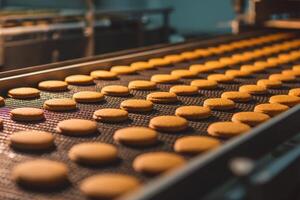 Cookies on industrial conveyor belt, organized in neat rows. Focus on foreground treats with blurred machinery in background. Warm lighting enhances baked goods golden brown color photo