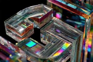 Intricate 3D letter C formed from transparent glass with colorful reflections and overlapping geometric shapes. The close-up shot highlights the shine and texture of the glass photo
