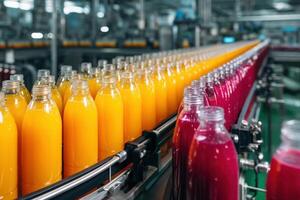 Rows of plastic bottles filled with vibrant orange and red liquid move along an automated conveyor in a factory setting, showcasing industrial beverage production and processing photo