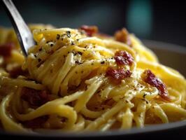 Creamy spaghetti with crispy bacon pieces and freshly cracked black pepper, elegantly twirled on a fork. The rich texture and vibrant colors create a mouthwatering dining experience photo