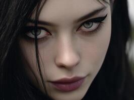 Intense close-up of a person with striking green eyes and bold eyeliner. Dark hair frames the face, emphasizing fair skin and defined brows. Lips are slightly parted with soft pink lipstick photo
