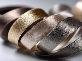 Elegant, metallic ribbons with textured surfaces loop and overlap, showcasing shades of bronze, gold, and silver. The varying light reflects off the smooth and shiny material photo