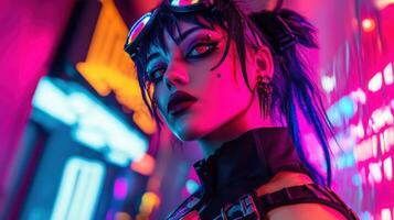 Edgy female with dramatic makeup, vibrant blue and pink lighting, wearing futuristic goggles and attire. Neon city vibes and bold piercing accessories emphasize cyberpunk aesthetics photo