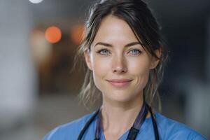 Smiling woman wearing light blue medical attire with a stethoscope around her neck, dark brown hair tied back, standing in a softly focused indoor setting with warm blurred lights in the distance photo