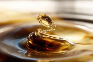 Fluid droplet creates captivating splash with smooth curves and dynamic motion on liquid surface, casting reflections in warm colors, conveying elegance and movement photo
