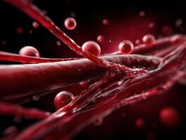 Red fibers and spheres intertwine dynamically, creating a complex, organic structure on a black background. The image conveys a sense of movement and energy with its vivid red tones photo