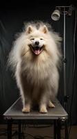 Fluffy white dog with a thick mane stands on a grooming table, illuminated by a spotlight from an overhead lamp. The dog is looking forward, mouth open in a relaxed pose photo