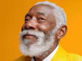 Elderly man with a joyful expression, sporting a thick white beard and wearing a bright yellow jacket, gazes upward with deep-set eyes against an orange backdrop photo