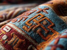 Intricate woven textile features geometric patterns in warm tones of blue, orange, and red. The texture and detailed craftsmanship are highlighted, showcasing traditional artistry photo