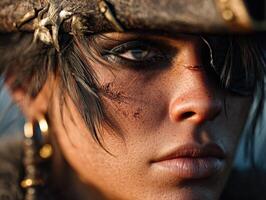 Untitled. Close-up portrait of a person with fierce expression, wearing a weathered hat with embellishments. Features intense eye makeup, scars, and feather details around the eye photo