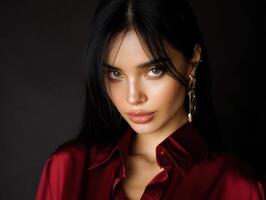 Brunette woman with sleek hair, intense gaze, wearing red blouse and bold earrings, against dark setting. Her elegant style and captivating expression create a mysterious allure photo
