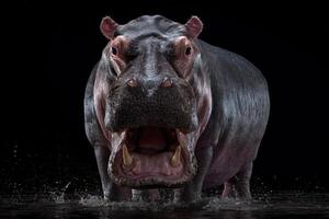 Massive hippopotamus emerges from the water with mouth open wide, displaying large teeth and pinkish-brown skin. Dramatic lighting highlights the wet texture and powerful presence photo