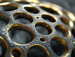 Circular holes in a textured, metallic object with golden edges, creating an intricate pattern. The structure is both matte and glossy, giving a sense of depth and dimension photo