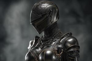 Futuristic armored figure with intricately detailed suit and helmet, exhibiting a sleek, metallic design. The armor features complex patterns and textures, suggesting advanced technology photo