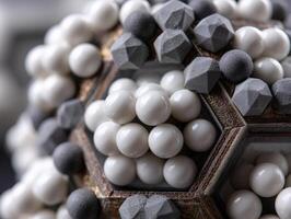 Brown and gray geometric 3D structure with hexagonal and spherical elements. White glossy and dark textured shapes create intricate abstract design with a focus on symmetry and texture photo