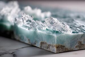 Close-up of a blue textured surface resembling ocean waves frozen in motion, with intricate water-like formations on a marble-like platform, creating a visually captivating contrast photo