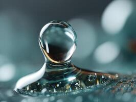 Close-up of a transparent water droplet on a reflective surface with intricate details. Soft bokeh effect in the background, subtle light reflections, and a sense of calmness photo