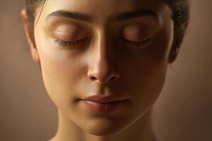 Peaceful expression of a person with closed eyes, gentle lighting on serene face creating soft shadows. The skin is smooth and luminous, emphasizing calmness and tranquility photo