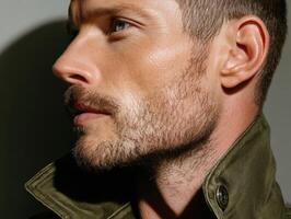Side profile of a person with short hair and stubble beard, wearing a high-collared olive jacket. The lighting emphasizes facial features, casting a soft shadow on the other side photo