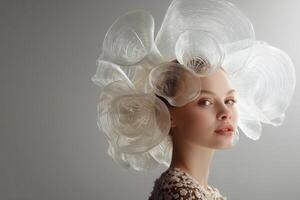 Stylish woman with intricate, voluminous headpiece of translucent, swirling discs. Soft lighting highlights her serene expression. Detailed lace top complements the artistic look photo
