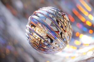 Intricate spherical object with metallic stripes reflecting diverse light patterns, creating a mesmerizing optical effect. The dynamic play of colors enhances the abstract aesthetic photo