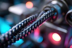 Braided cables with intricate patterns are captured in focus, surrounded by blurred colorful lights. The abstract design highlights technology and connectivity in a vivid modern setting photo