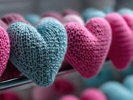 Textured blue and pink knitted hearts are arranged in rows on a reflective surface. The soft yarn, closely knit pattern, and warm hues create a cozy and charming atmosphere photo