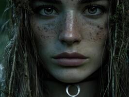 Close-up of a woman's face with intense gaze, freckles, and wet hair adorned with moss. She wears a choker with a ring. The mood is mysterious and natural with earthy tones photo