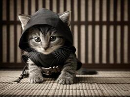 Kitten dressed as a stealthy warrior, wearing a small dark hooded outfit with ears peeking out. Sitting on woven mat with a wooden panel background, displaying an alert expression photo