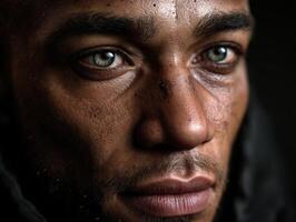 Intense close-up of a man's face with expressive eyes, textured skin, subtle stubble, and a slight bruise on the nose. The light highlights details and depth, creating a dramatic atmosphere photo