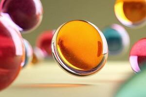 Glossy, colorful spheres floating, with a prominent orange one in focus. Shiny surfaces reflect light, creating a dynamic and lively composition. Smooth, spherical shapes dominate photo
