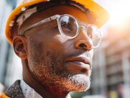 Focused man in clear glasses and orange helmet looks upwards, sunlight illuminating face. Urban environment with blurred building backdrop. Mature individual with salt-and-pepper beard photo