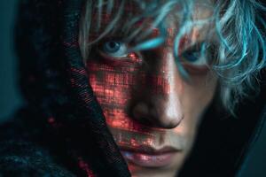 Close-up of a person with blond hair and intense blue eyes, wearing a dark hood. Red digital code patterns are projected across their face, creating a futuristic, mysterious look photo