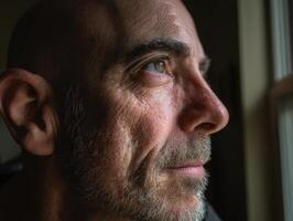 A middle-aged man with a neutral expression is gazing thoughtfully out a window. He has a closely trimmed beard and short hair, capturing a sense of introspection and contemplation photo