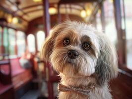 Fluffy dog with expressive eyes and a bowtie sits inside a vintage trolley. Warm, soft lighting enhances its fur textures. Background details reveal wooden seats and soft, blurred lights photo
