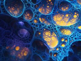 Abstract image featuring intricate blue bubble like structures with vibrant orange and yellow glowing patterns. The composition resembles cellular or organic formations photo