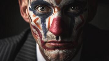 Clown face with intense expression, colorful makeup, and a red nose, wearing a dark striped suit. The makeup includes red, blue, and white colors with intricate designs photo