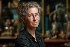Curly-haired individual with glasses, wearing a black shirt, stands in front of blurred shelves filled with various objects. Their expression is calm and thoughtful, and the lighting is soft photo