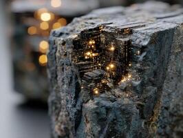 A chunk of rough, rocky material with a stunning, intricate cityscape carved inside, illuminated by bright golden lights. The contrasting textures create a surreal, captivating visual effect photo