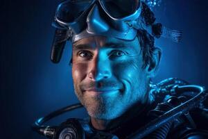 Smiling diver wearing diving mask and gear, illuminated with blue light, showcasing water droplets and helmet details. Close-up portrait highlights adventure and exploration theme photo