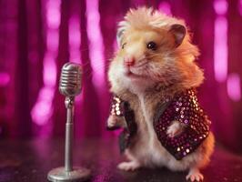 Cute hamster stands confidently in front of an old-fashioned silver microphone. Wearing a sparkling, sequined jacket, it exudes a star quality against a vibrant, blurred background photo