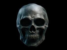 Realistic human skull with a smooth surface, prominent eye sockets, nose cavity, and detailed teeth. The monochrome appearance emphasizes contours and texture. Eerie and captivating photo