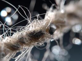 A close-up of frayed beige rope fibers with entangled threads, highlighted against a blurred background, creating a textured and intricate abstract composition with shimmering light effects photo