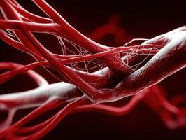 Red intertwined organic structures, resembling blood vessels or neural pathways, dominate the image, with a focus on their intricate patterns, creating a sense of depth and complexity photo