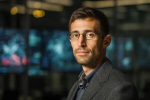 Serious man with glasses and a beard wearing a suit jacket, standing in a dimly lit modern office with screens displaying abstract data patterns in the blurred background photo