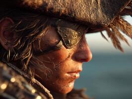 Pirate in profile with a rugged face, wearing a tattered hat and leather eye patch. Sunlight highlights weathered skin and tousled hair, suggesting a seafaring life photo