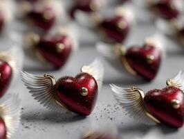 Heart-shaped metallic objects with red finish and white wings are aligned in rows. Each heart has golden accents and is set against an out-of-focus group of similar objects photo